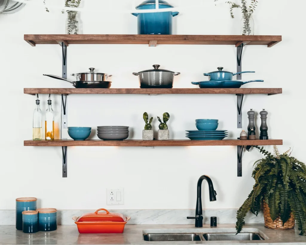 Kitchen shelves with cookware and utensils