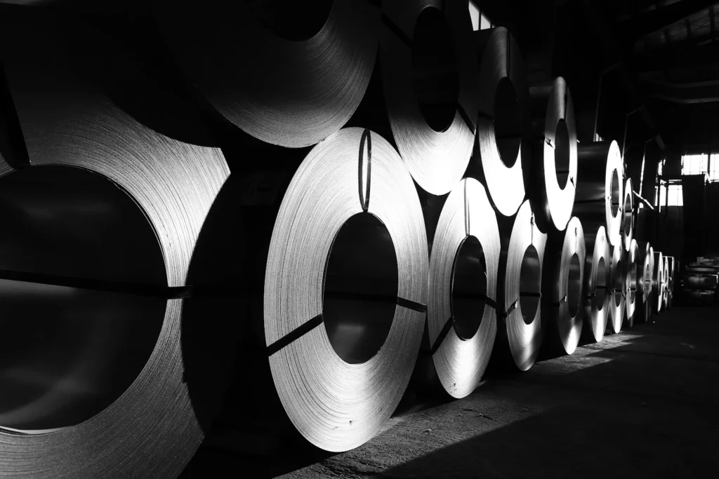 Steel coils stored in a warehouse