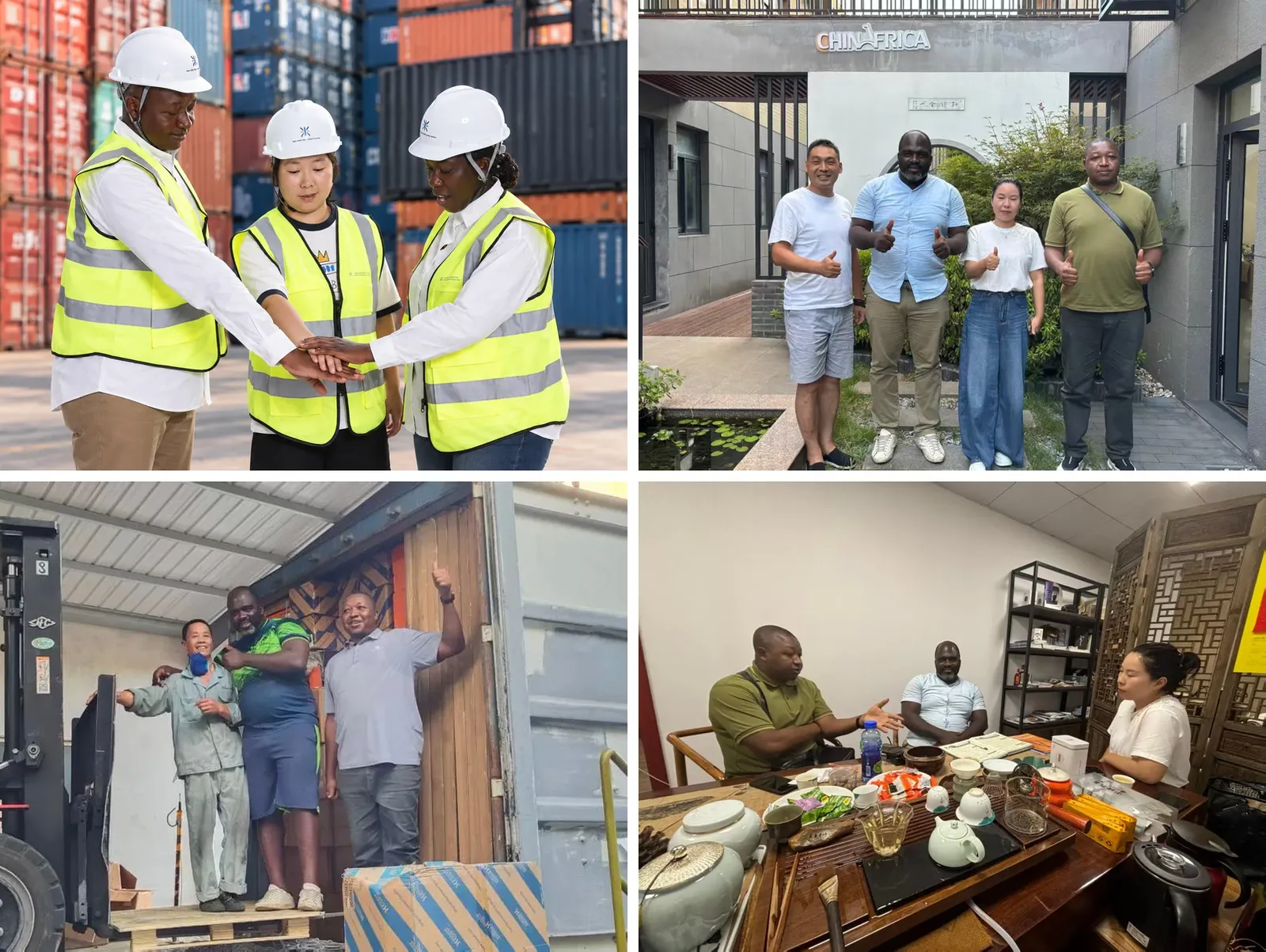 Collage of Shanghai Ssípín photos: team at the port, client visit, container loading and meeting with a supplier