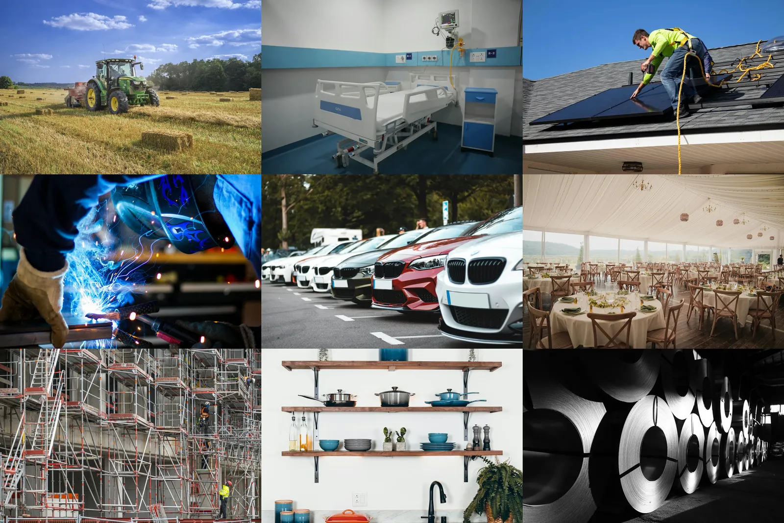 Sectors we source for: agriculture, medical, solar, industrial, vehicles, events, construction, daily use and raw materials
