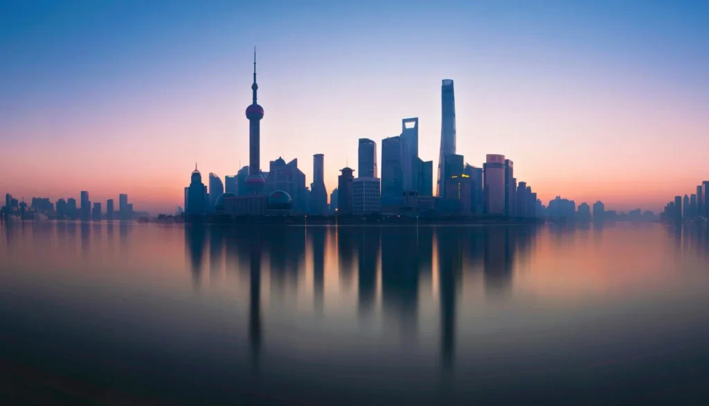 Shanghai Lujiazui skyline reflected in the Huangpu River at dawn