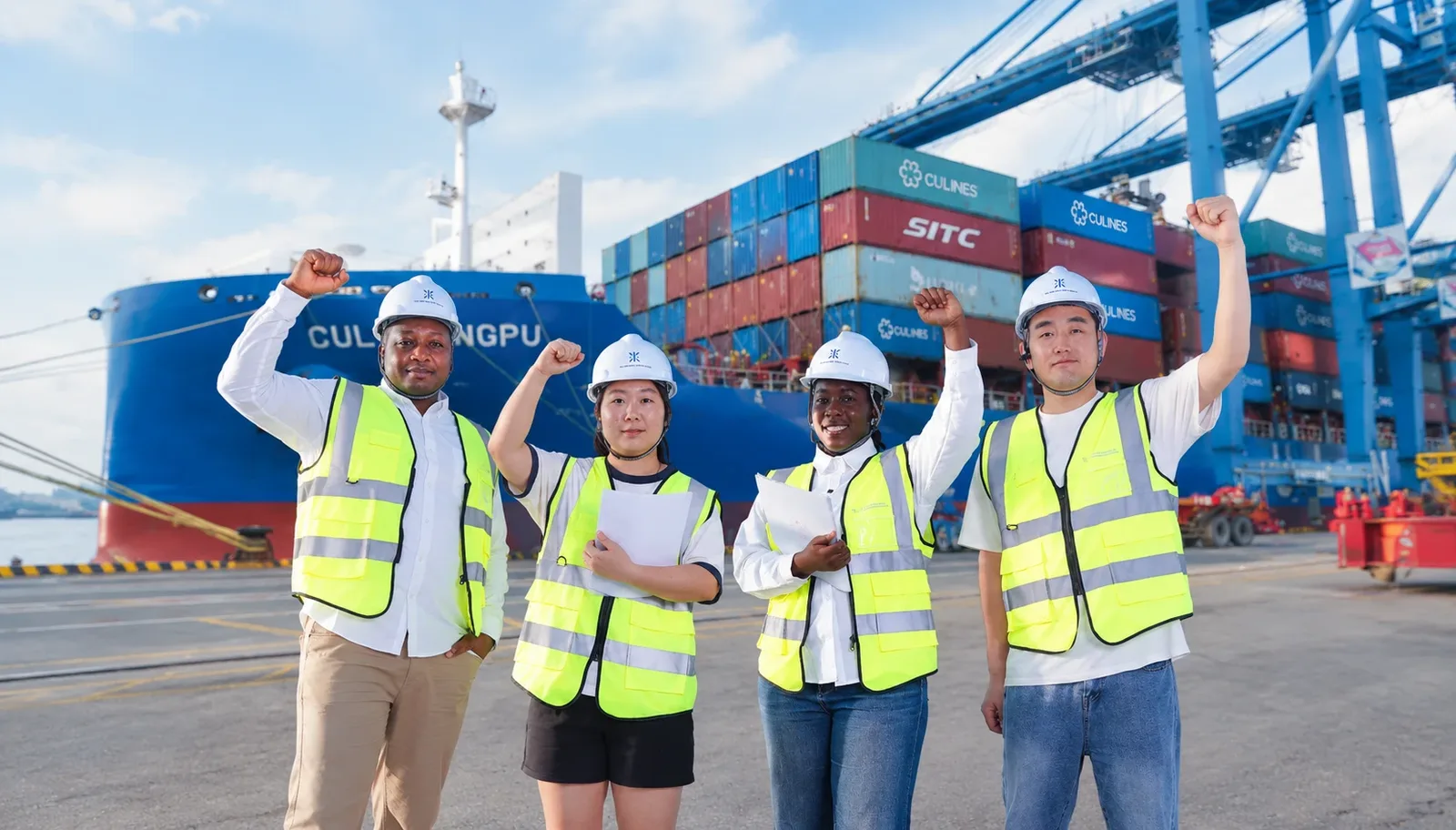 Shanghai Ssípín team in front of a container ship