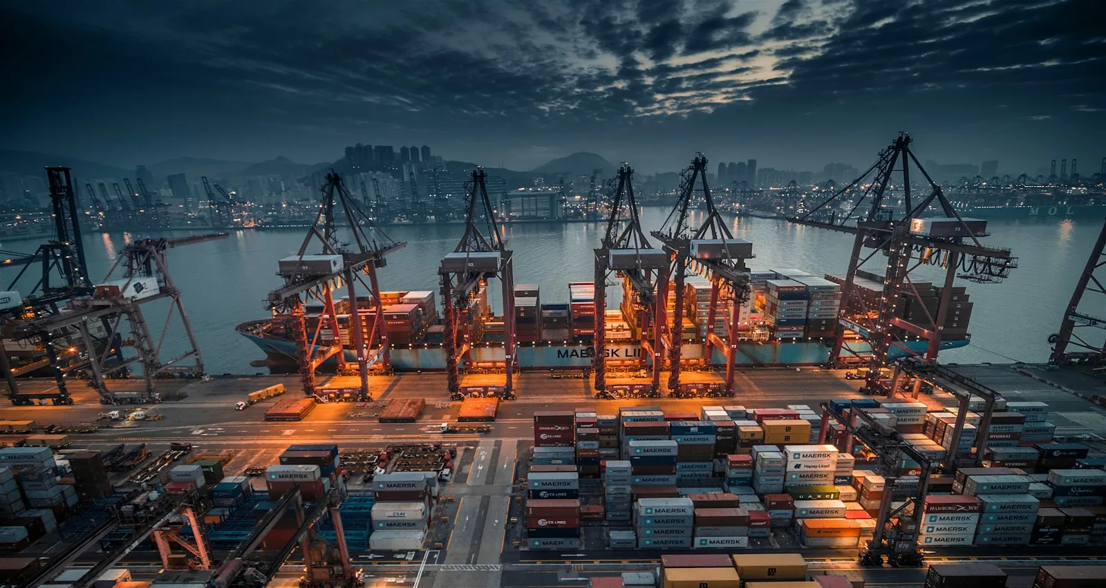 Container terminal and cranes lit up at night