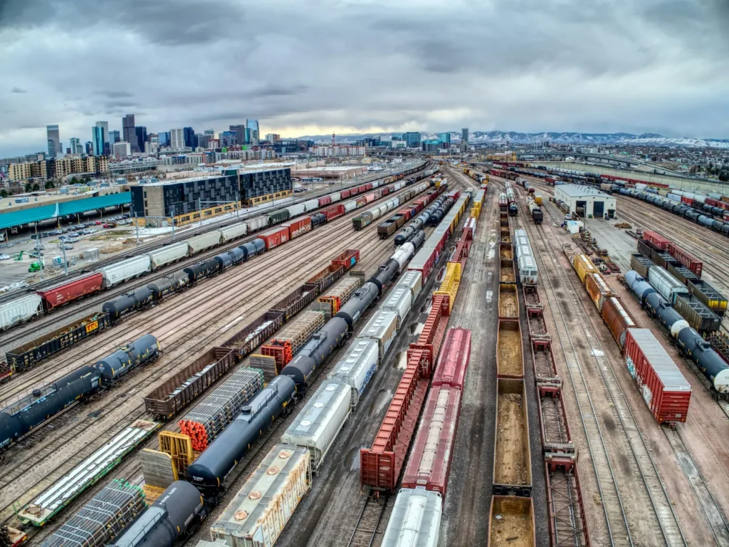 Freight trains lined up in a rail yard
