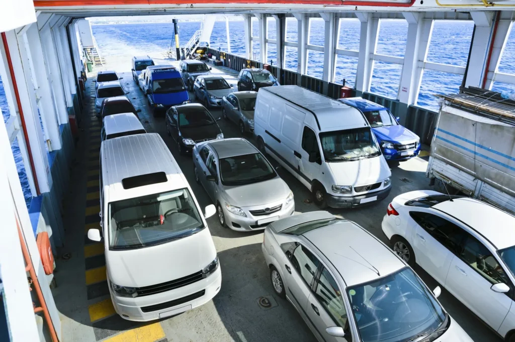 Vehicles parked on the deck of a roll-on roll-off ferry