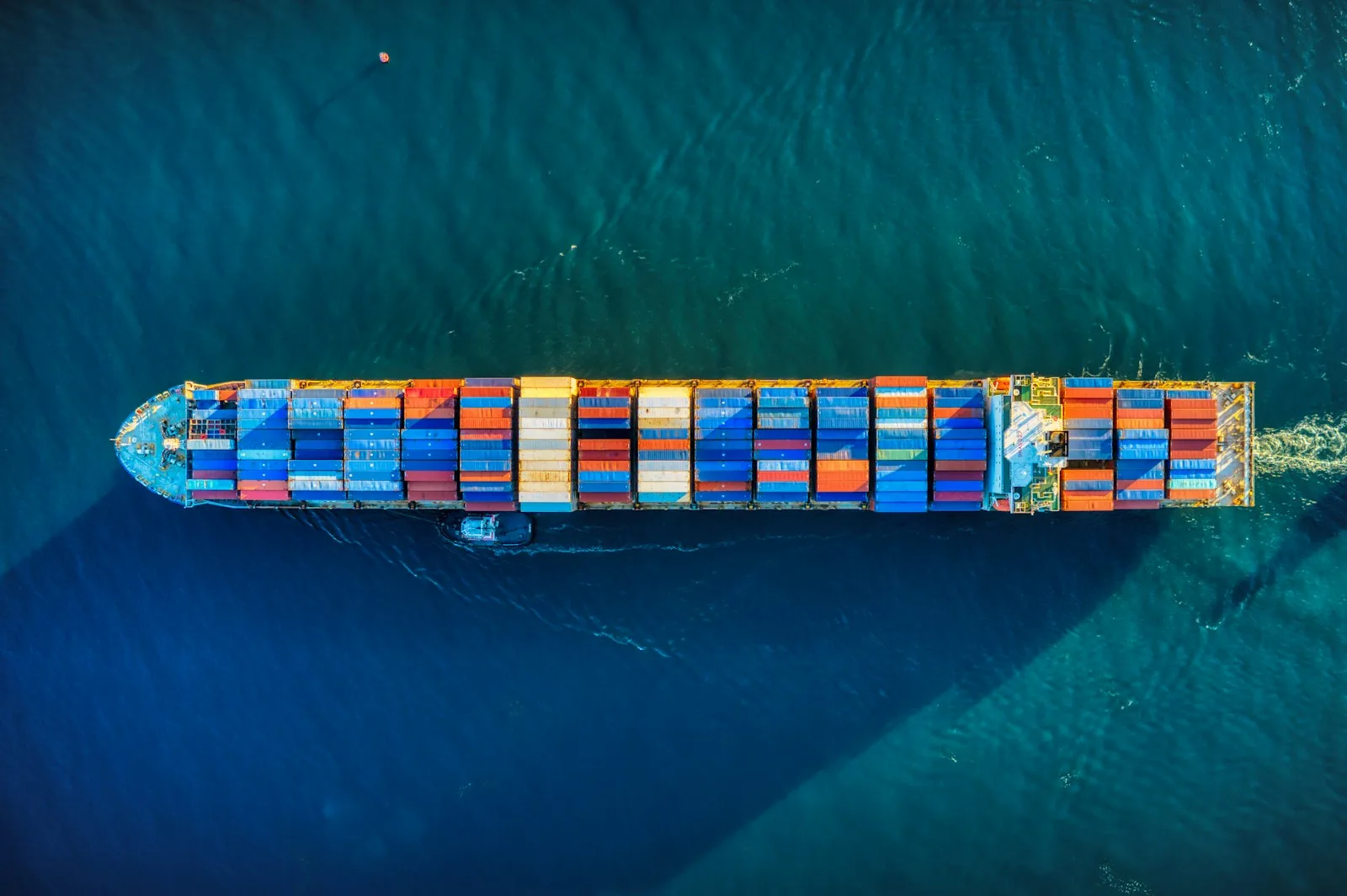 Aerial view of a container ship crossing the ocean