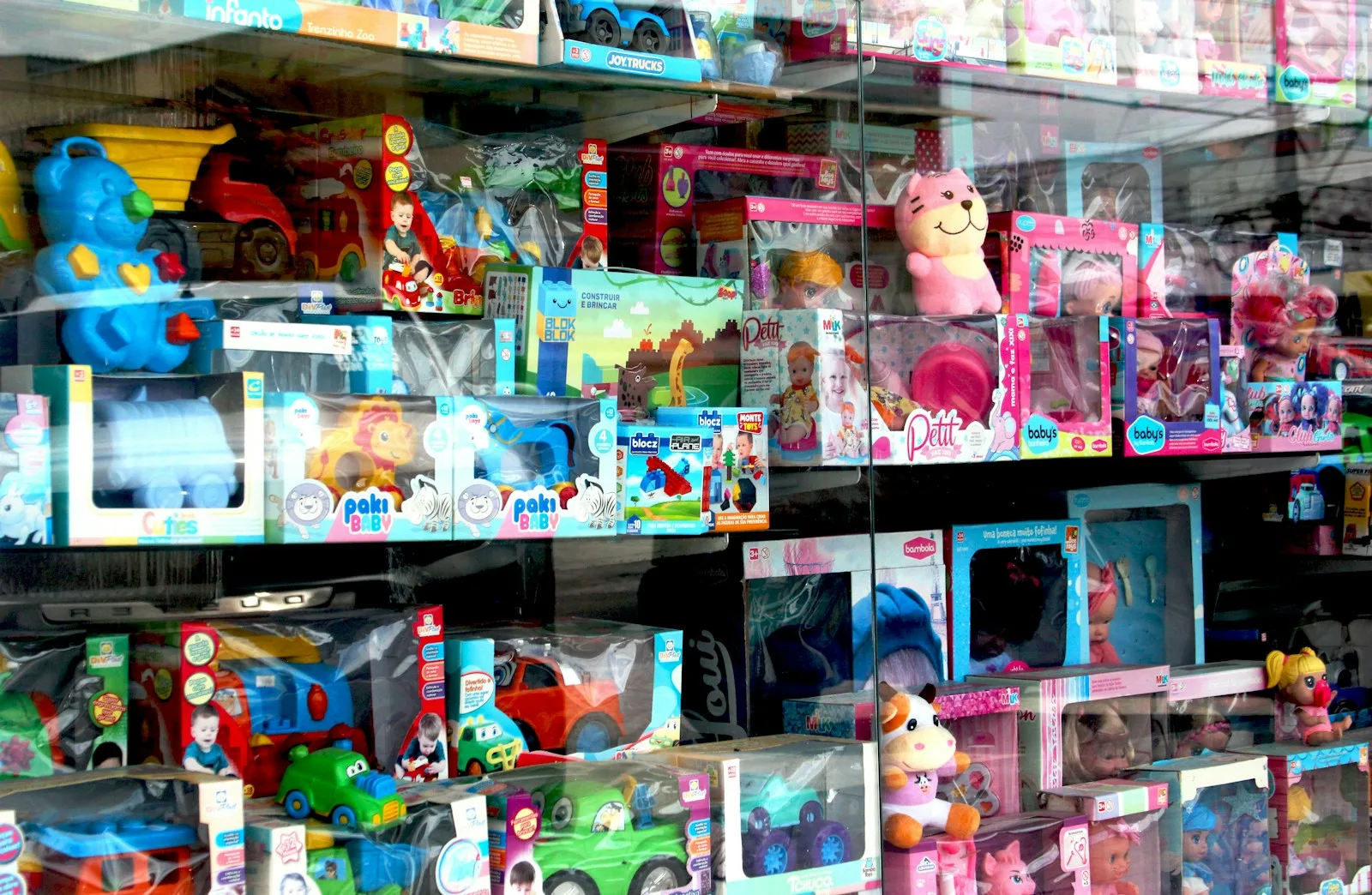Shelves of toys on display in a store